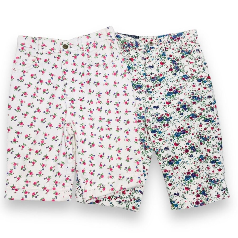 Vintage 80s High Waist Floral Print Denim Shorts Bundle Lot of 2 Pairs 10 - 12 Y